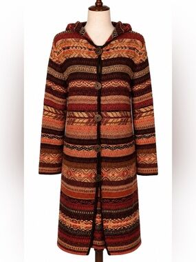 Long cardigan sweater chore jacket with hood.  Boho striped festival wear. M